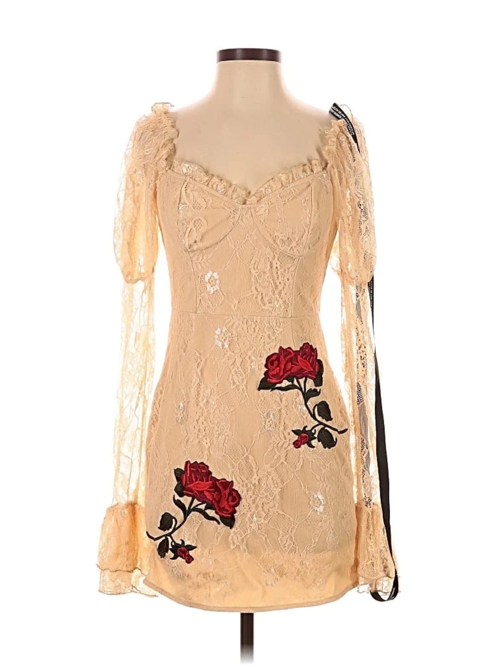 PrettyLittleThing Cream Lace Long Sleeve Mini Dress with Red Rose Appliqués